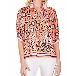 NEW JADE high neck puff sleeve top in abstract boarder